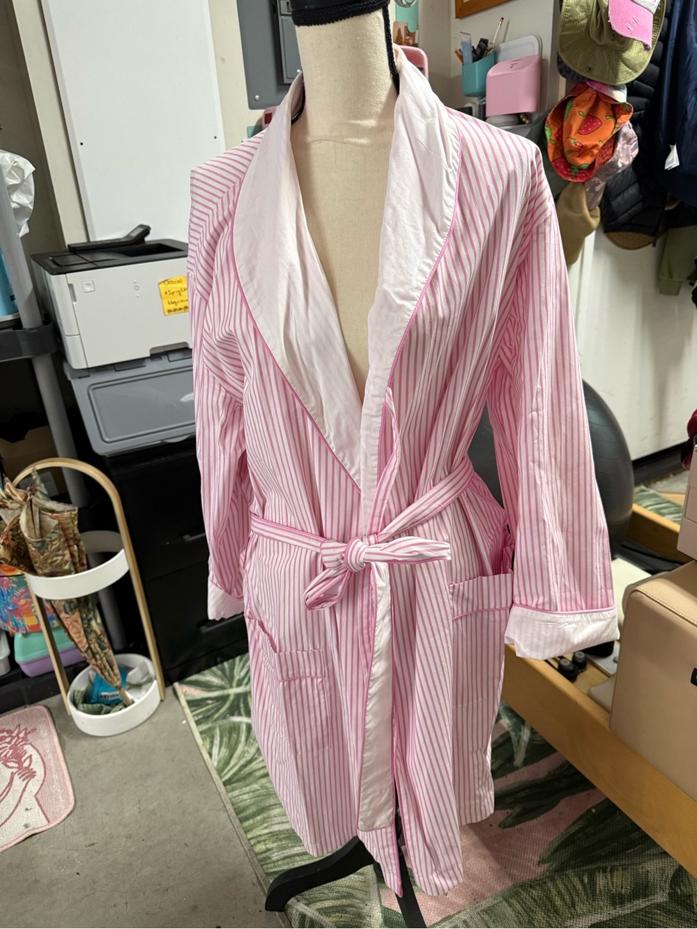 Striped Pink Shawl-Collar Robe with Self-Tie Belt